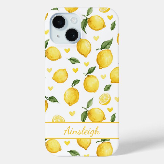 Watercolor Lemons With Hearts Monogrammed Case-Mate iPhone Case (Back)