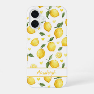 Watercolor Lemons With Hearts Monogrammed iPhone 16 Case