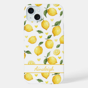 Watercolor Lemons With Hearts Monogrammed iPhone 15 Plus Case