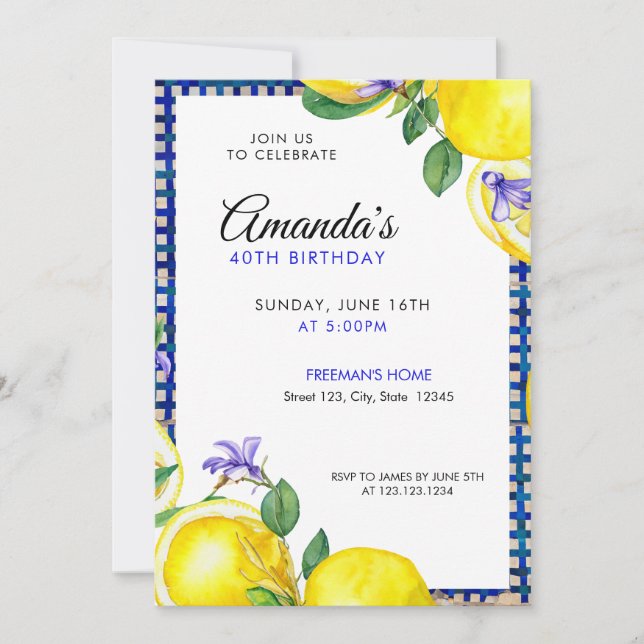 Watercolor Lemons with Mediterranean 40th Birthday Invitation (Front)