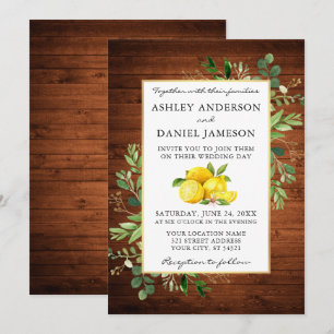 Watercolor Lemons Wood Greenery Wedding Invitation