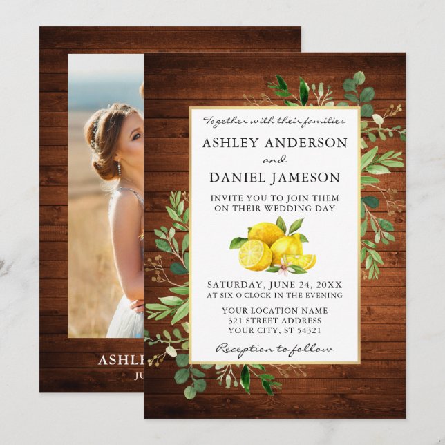 Watercolor Lemons Wood Photo Wedding Invitation (Front/Back)