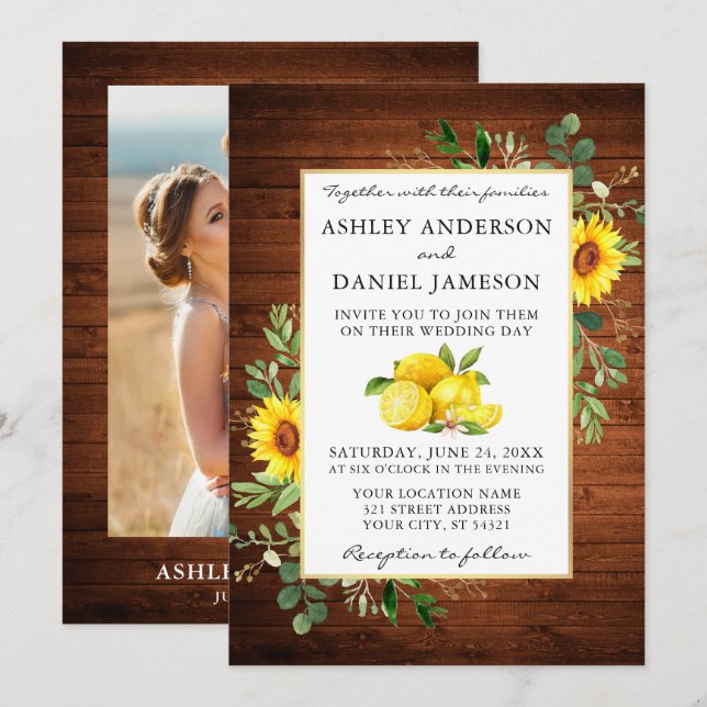 Watercolor Lemons Wood Sunflowers Photo Wedding Invitation (Front/Back)