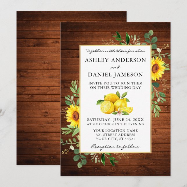 Watercolor Lemons Wood Sunflowers Wedding Invitation (Front/Back)