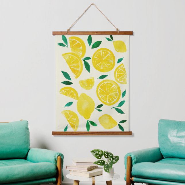 Watercolor lemons - yelllow and green hanging tapestry (Living Room)