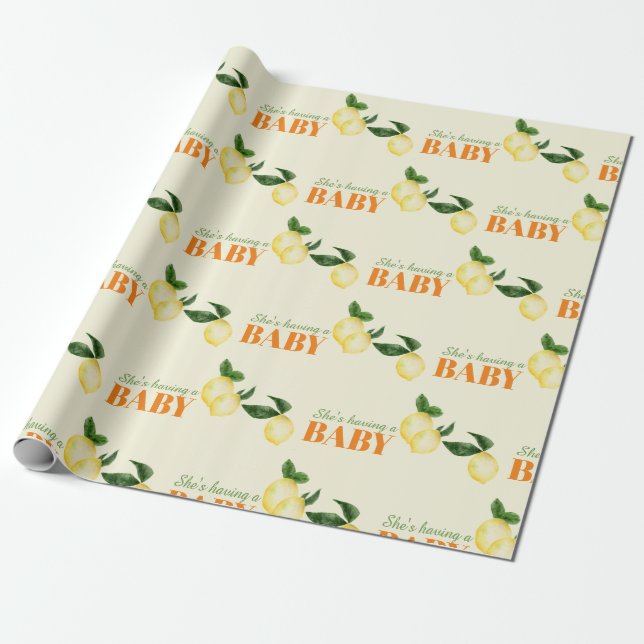 Watercolor Lemons Yellow Baby Shower Wrapping Paper (Unrolled)