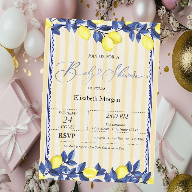 Watercolor Lemons Yellow Stripes Baby Shower  Invitation (Creator Uploaded)