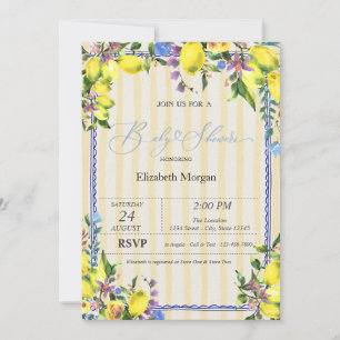 Watercolor Lemons Yellow Stripes Baby Shower Invitation