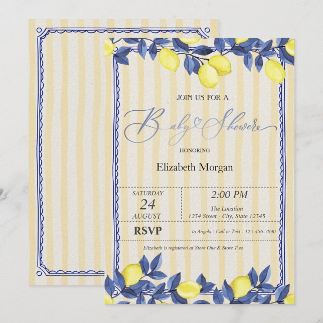 Watercolor Lemons Yellow Stripes Baby Shower  Invitation (Front/Back)