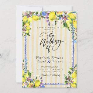 Watercolor Lemons Yellow Stripes Wedding Invitation