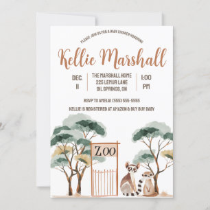 Watercolor Lemur Family, Zoo, Baby Shower Invitation