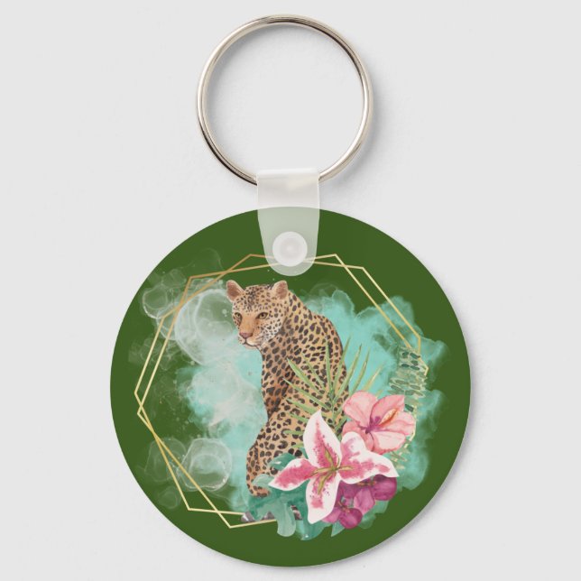Watercolor Leopard and Tropical Frame Key Ring (Front)