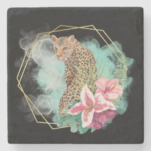 Watercolor Leopard and Tropical Frame Stone Coaster