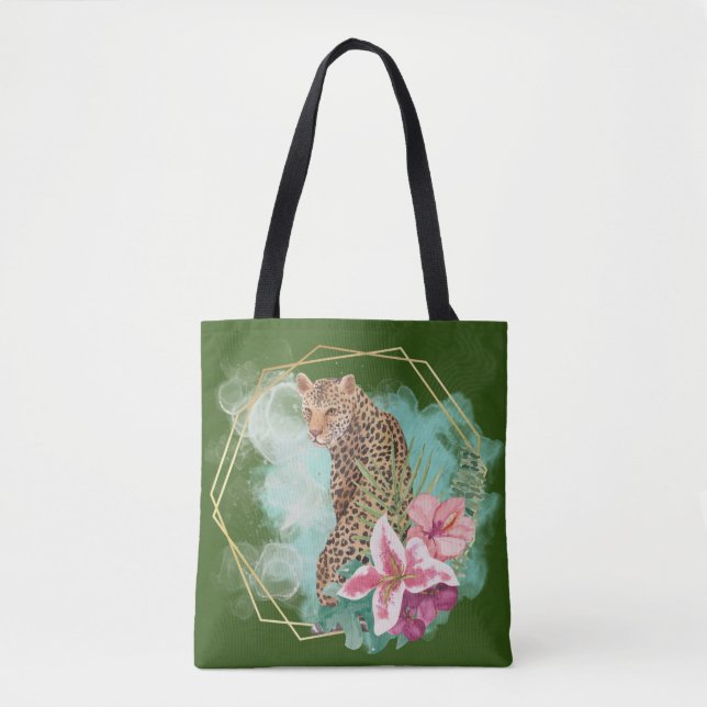 Watercolor Leopard and Tropical Frame  Tote Bag (Front)