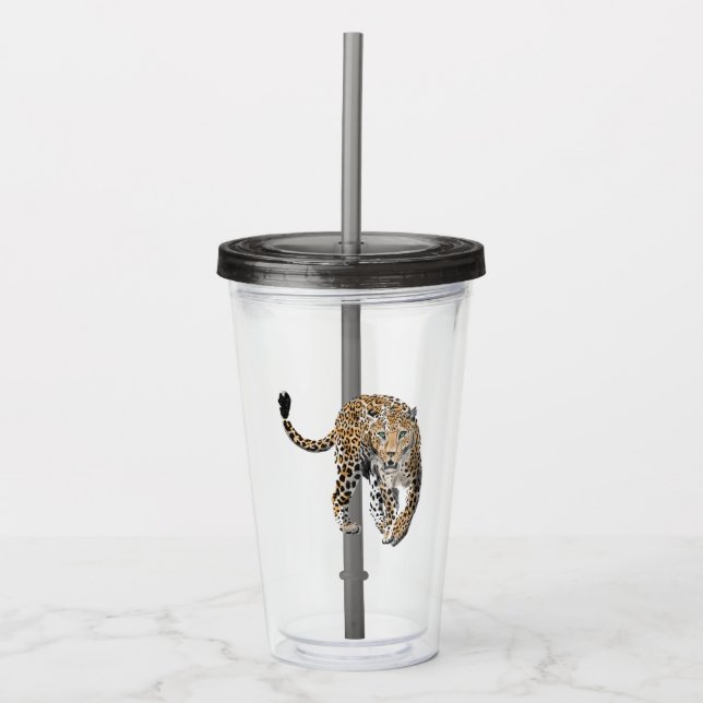 watercolor leopard jungle cat painted animal green acrylic tumbler (Front)