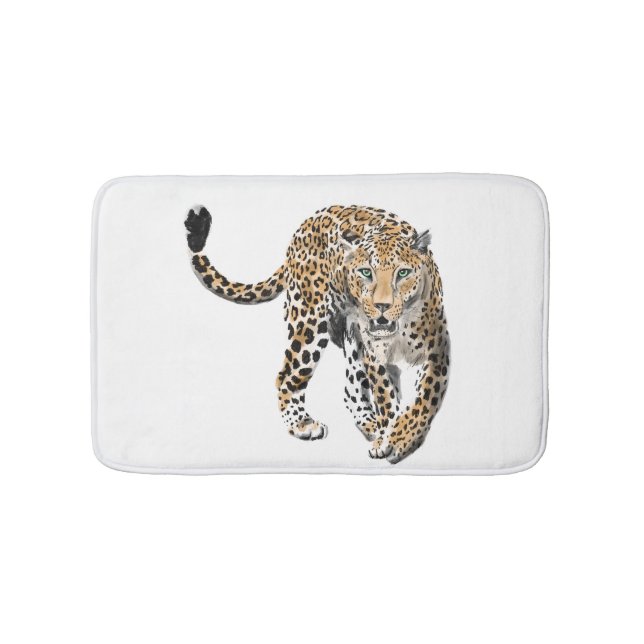 watercolor leopard jungle cat painted animal green bath mat (Front)