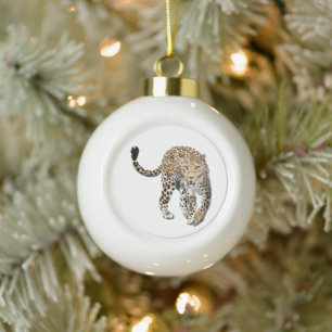 watercolor leopard jungle cat painted animal green ceramic ball christmas ornament