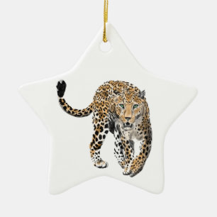 watercolor leopard jungle cat painted animal green ceramic tree decoration