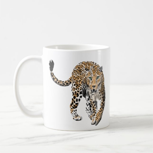 watercolor leopard jungle cat painted animal green coffee mug (Left)