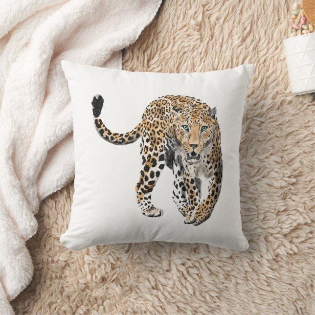 watercolor leopard jungle cat painted animal green cushion (Blanket)