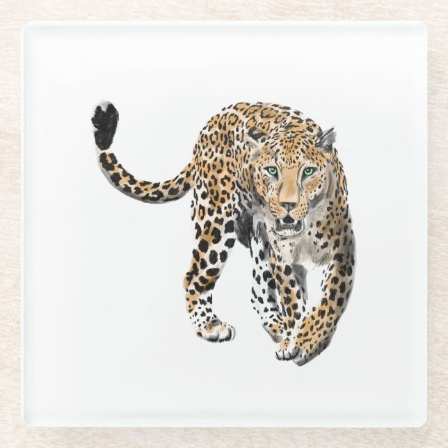 watercolor leopard jungle cat painted animal green glass coaster (Front)