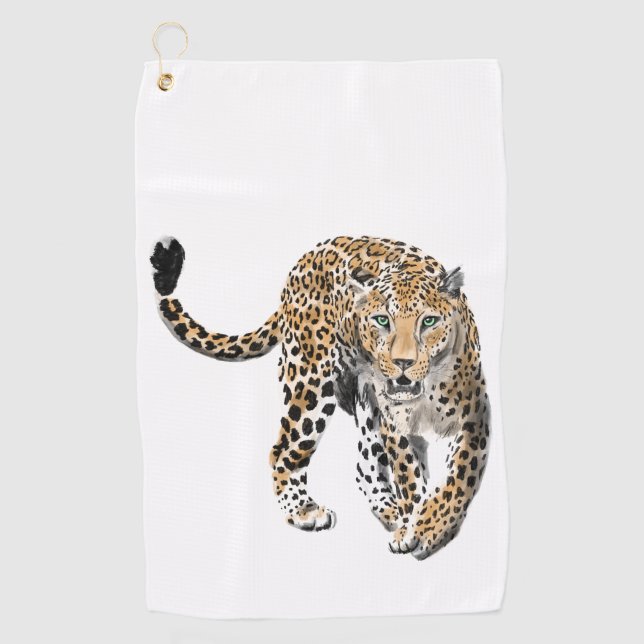 watercolor leopard jungle cat painted animal green golf towel (Front)