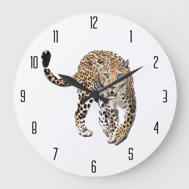 watercolor leopard jungle cat painted animal green large clock (Front)