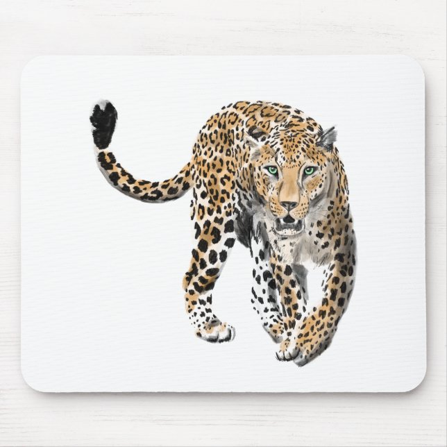 watercolor leopard jungle cat painted animal green mouse mat (Front)