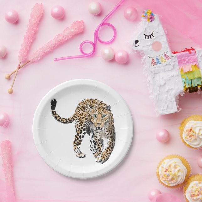 watercolor leopard jungle cat painted animal green paper plate (Party)