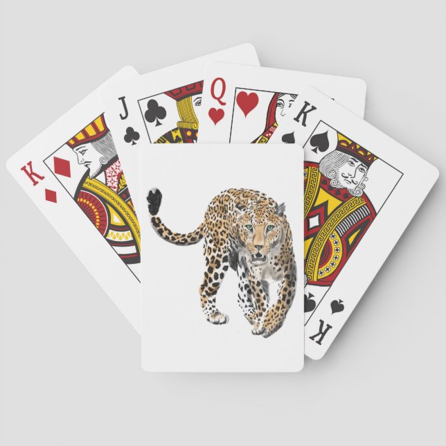 watercolor leopard jungle cat painted animal green playing cards (Back)