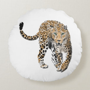 watercolor leopard jungle cat painted animal green round cushion