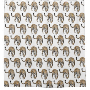 watercolor leopard jungle cat painted animal green shower curtain