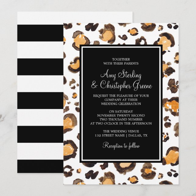 Watercolor Leopard Print & Chic Stripes | Wedding Invitation (Front/Back)
