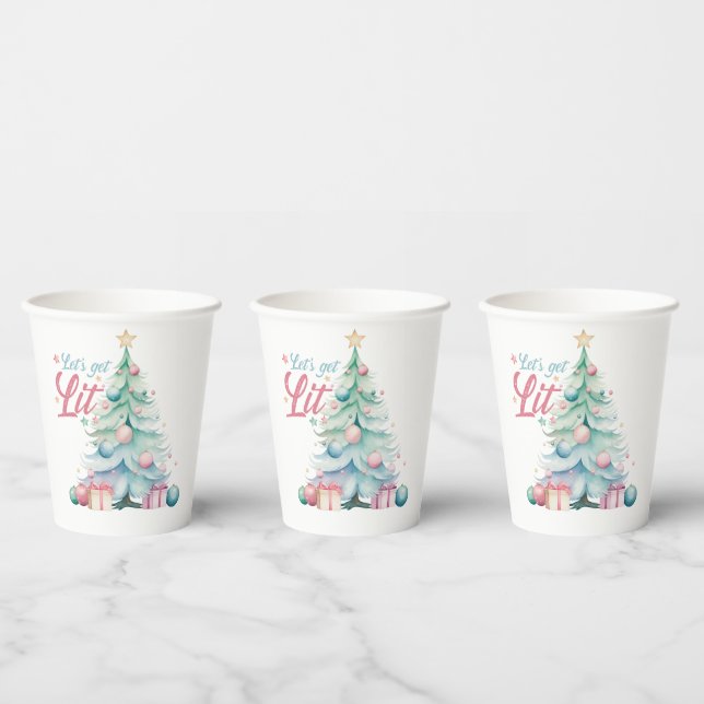 Watercolor Let’s Get Lit Christmas Tree Paper Cups (Multi)