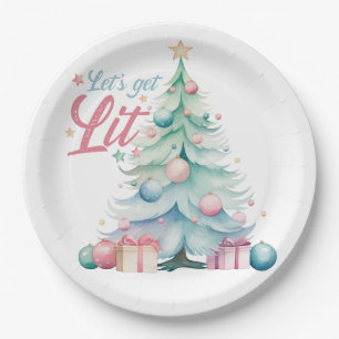 Watercolor Let’s Get Lit Christmas Tree Paper Plate