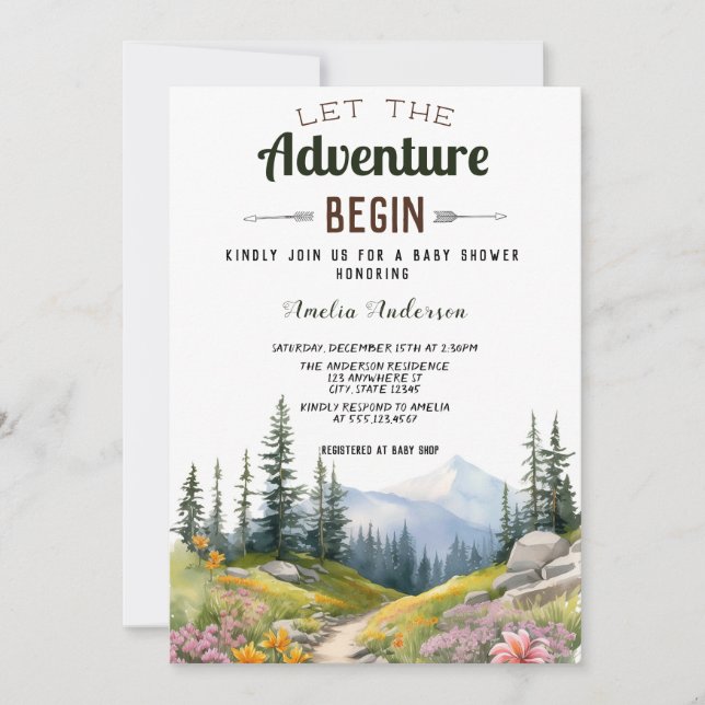 Watercolor Let The Adventure Begin Baby Shower Invitation (Front)