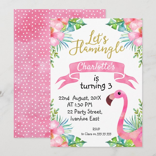 Watercolor Let's Flamingle Birthday Invitation (Front/Back)