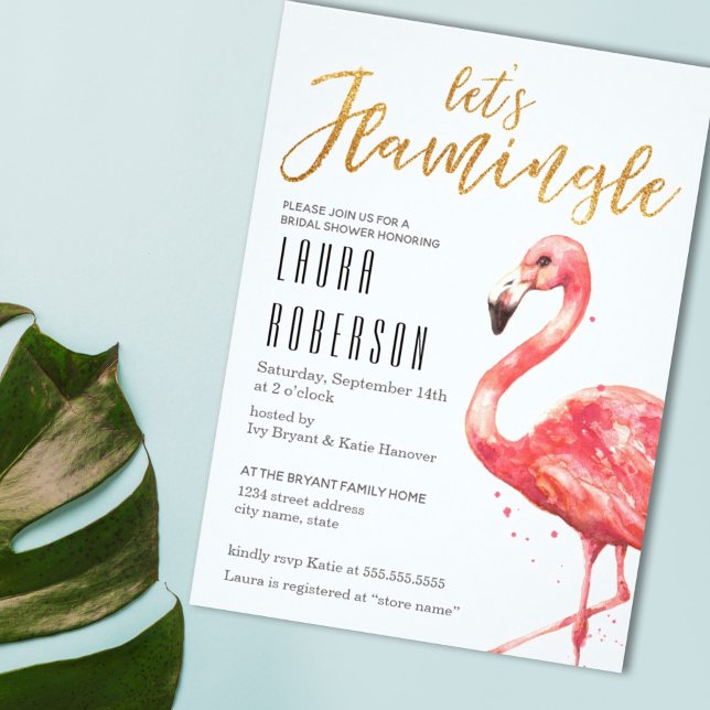 Watercolor Let's Flamingle in Gold | Bridal Shower Invitation (Flamingo bridal shower invitation with gold glitter let's flamingo font and pink watercolor.)