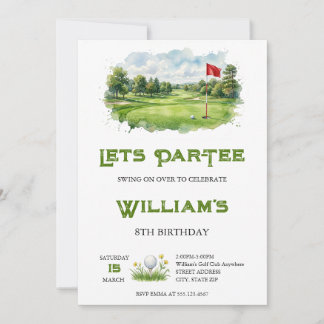 Watercolor Lets Par-Tee Golf Course Birthday Invitation