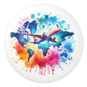 Watercolor Let's travel the world design Ceramic Knob