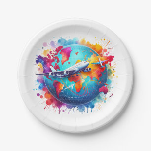 Watercolor Let's travel the world design  Paper Plate