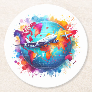 Watercolor Let's travel the world design Round Paper Coaster