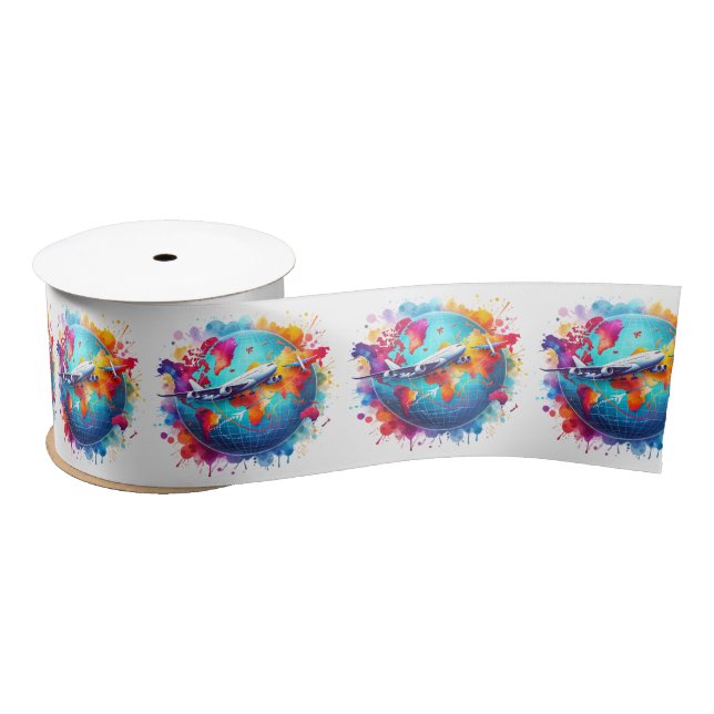 Watercolor Let's travel the world design  Satin Ribbon (Spool)