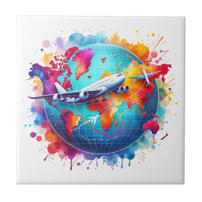 Watercolor Let's travel the world design  Tile (Front)