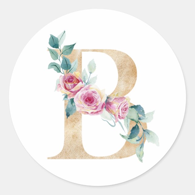 Watercolor letter B with roses  Classic Round Sticker (Front)
