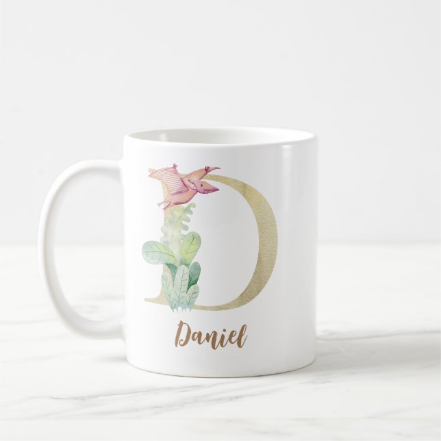 Watercolor letter D with dinosaur Coffee Mug (Left)