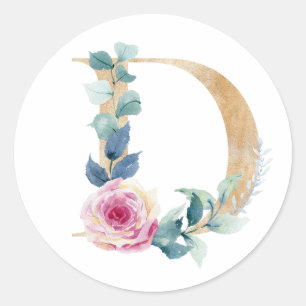 Watercolor letter D with roses  Classic Round Sticker