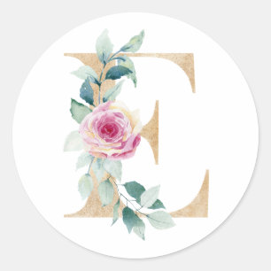 Watercolor letter E with roses Classic Round Sticker