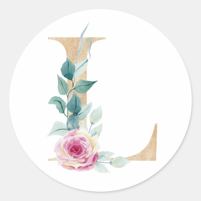 Watercolor letter L with roses Classic Round Sticker (Front)