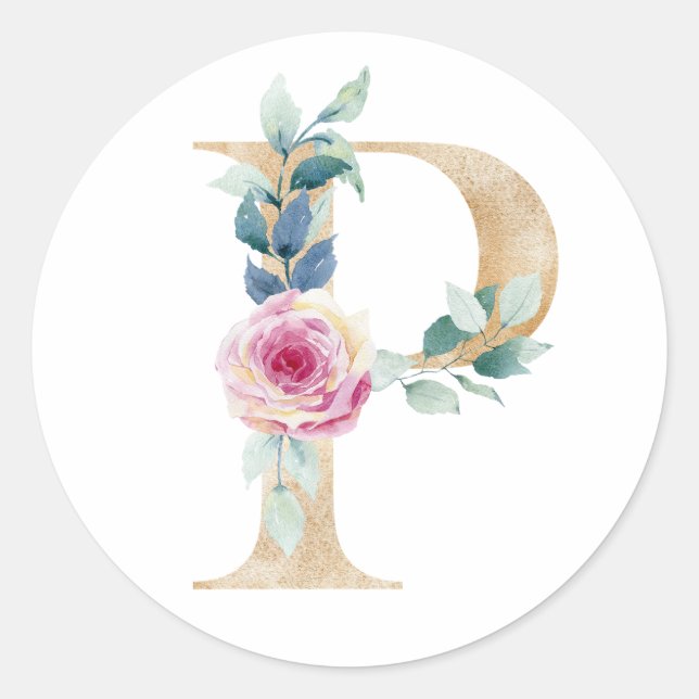 Watercolor letter P with roses Classic Round Sticker (Front)